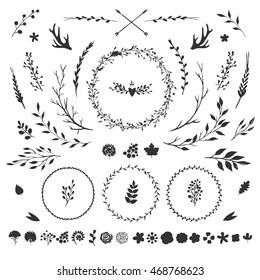 vector set with rustic floral elements isolated on white: flowers, leaves, berries, branches and other hand drawn decorative elements