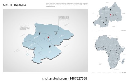 Vector set of Rwanda country.  Isometric 3d map, Rwanda map, Africa map - with region, state names and city names. 
