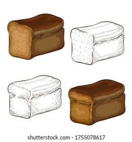 vector set of rye bread illustration isolated on white. hand drawn outline and colored dark breads engraved icon collection. traditional dark brown loaf in doodle sketch style. fresh baked. for design