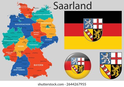 Vector set of Saarland including the official flag, coat of arms, and updated map. Part of the complete German flag and emblem collection.