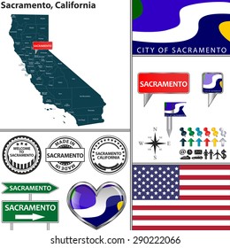 Vector set of Sacramento, California in USA with flag and icons on white background