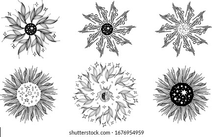 Vector set of Sacred celestial and natural mandala on white background. Abstract mystic signs collection. Black linear mandala. Magic objects made in linear style. For you design or modern magic craft