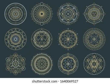 Vector set of sacred geometric figures, dreamcatcher and mystic symbols, alchemical and spiritual signs