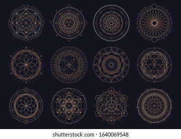 Vector set of sacred geometric figures, dreamcatcher and mystic symbols, golden abstract signs