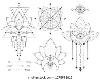 Vector set of Sacred geometric and natural symbols on white background. Abstract mystic signs collection. Black linear shapes. For you design or modern magic craft.