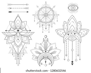 Vector set of Sacred geometric and natural symbols on white background. Abstract mystic signs collection. Black linear shapes. For you design or modern magic craft.