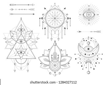 Conjunto vectorial de símbolos geométricos y naturales sagrados sobre fondo blanco. Colección abstracta de signos místicos. Formas lineales negras. Para tu diseño o arte mágico moderno.