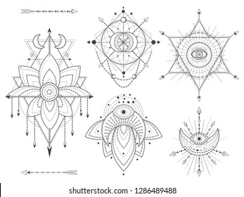 Vector set of Sacred geometric and natural symbols on white background. Abstract mystic signs collection. Black linear shapes. For you design or modern magic craft.