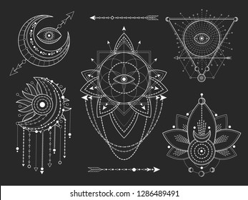 Vector set of Sacred geometric and natural symbols on black background. Abstract mystic signs collection. White linear shapes. For you design or modern magic craft.