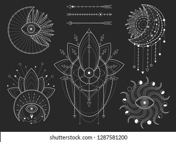 Conjunto vectorial de símbolos geométricos y naturales sagrados sobre fondo negro. Colección abstracta de signos místicos. Formas lineales blancas. Para tu diseño o arte mágico moderno.