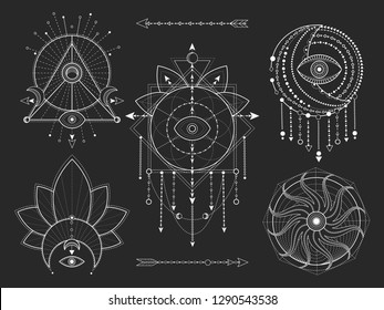 Vector set of Sacred geometric and natural symbols on black background. Abstract mystic signs collection. White linear shapes. For you design or modern magic craft.