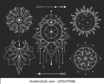 Vector set of Sacred geometric and natural symbols on black background. Abstract mystic signs collection. White linear shapes. For you design or modern magic craft.