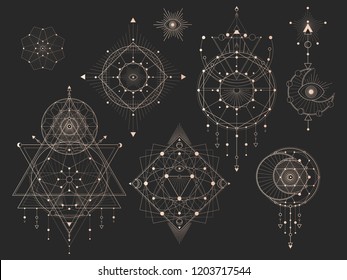Vector set of Sacred geometric symbols with moon, eye, arrows, dreamcatcher and figures on black background. Gold abstract mystic signs collection drawn in lines. For you design.
