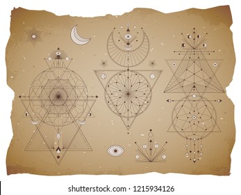 Vector set of Sacred geometric symbols with moon, eye, arrows, dreamcatcher and figures on old paper background with torn edges. Abstract mystic signs collection drawn in lines. For you design.