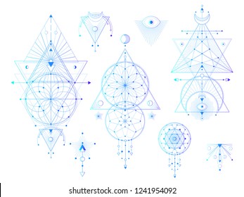 Vector set of Sacred geometric symbols with moon, eye, arrows, dreamcatcher on white background. Abstract mystic signs collection. Colored linear shapes. For you design: tattoo, print, posters.