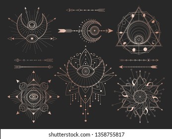 Vector set of Sacred geometric symbols and figures on black background. Gold abstract mystic signs collection drawn in lines. For you design: tattoo, print, posters, t-shirts, textiles and magic craft