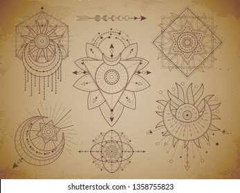 Vector set of Sacred geometric symbols and figures on old paper grunge background. Abstract mystic signs collection drawn in lines. For you design: print, posters, t shirts, textiles and magic craft.