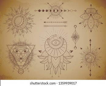 Vector set of Sacred geometric symbols and figures on old paper grunge background. Abstract mystic signs collection drawn in lines. For you design: print, posters, t shirts, textiles and magic craft.