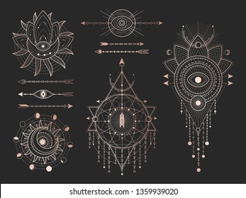 Vector set of Sacred geometric symbols and figures on black background. Gold abstract mystic signs collection drawn in lines. For you design: tattoo, print, posters, t shirts, textiles and magic craft