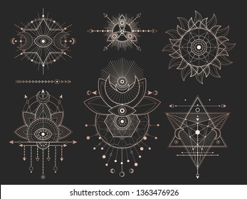 Vector set of Sacred geometric symbols and figures on black background. Gold abstract mystic signs collection drawn in lines. For you design: tattoo, print, posters, t shirts, textiles and magic craft