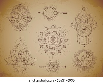 Vector set of Sacred geometric symbols and figures on old paper grunge background. Abstract mystic signs collection drawn in lines. For you design: print, posters, t shirts, textiles and magic craft.