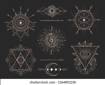 Conjunto vectorial de símbolos geométricos sagrados y figuras sobre fondo negro. Colección de signos místicos abstractos de oro dibujada en líneas. Para su diseño: tatuajes, impresiones, carteles, pantalones, textiles y arte mágico