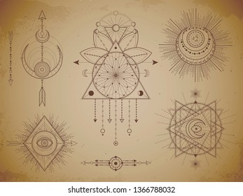 Vector set of Sacred geometric symbols and figures on old paper grunge background. Abstract mystic signs collection drawn in lines. For you design: print, posters, t shirts, textiles and magic craft.