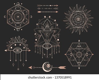 Vector set of Sacred geometric symbols and figures on black background. Gold abstract mystic signs collection drawn in lines. For you design: tattoo, print, posters, t shirts, textiles and magic craft