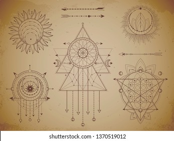 Vector set of Sacred geometric symbols and figures on old paper grunge background. Abstract mystic signs collection drawn in lines. For you design: print, posters, t shirts, textiles and magic craft.