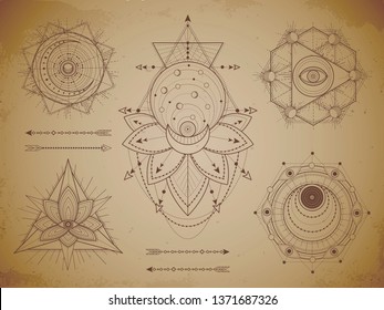 Vector set of Sacred geometric symbols and figures on old paper grunge background. Abstract mystic signs collection drawn in lines. For you design: print, posters, t shirts, textiles and magic craft.