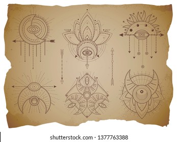 Vector set of Sacred geometric symbols and half moon on old paper background with torn edges. Abstract mystic signs collection drawn in lines. For you design and magic craft.