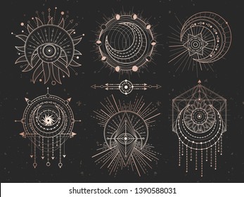 Vector set of Sacred geometric symbols and half moon on black grunge background. Gold abstract mystic signs collection drawn in lines. For you design and magic craft.