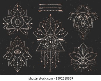 Vector set of Sacred geometric symbols and Lotus on black grunge background. Gold abstract mystic signs collection drawn in lines. For you design and magic craft.