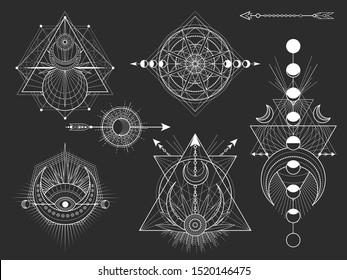 Vector set of Sacred geometric symbols and figures on black background. Abstract mystic signs collection. White linear shapes. For you design: tattoo, posters, t-shirts, textiles or magic craft.