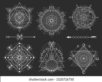 Vector set of Sacred geometric symbols and figures on black background. Abstract mystic signs collection. White linear shapes. For you design: tattoo, posters, t-shirts, textiles.