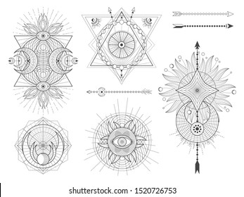 Vector set of Sacred geometric symbols and figures on white background. Abstract mystic signs collection. Black linear shapes. For you design: tattoo, posters, t-shirts, textiles or magic craft.