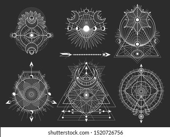 Vector set of Sacred geometric symbols and figures on black background. Abstract mystic signs collection. White linear shapes. For you design: tattoo, posters, t-shirts, textiles.