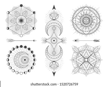 Vector set of Sacred geometric symbols and figures on white background. Abstract mystic signs collection. Black linear shapes. For you design: tattoo, posters, t-shirts, textiles.