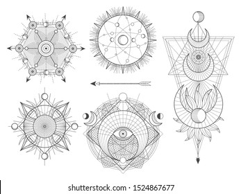 Vector set of Sacred geometric symbols and figures on white background. Abstract mystic signs collection. Black linear shapes. For you design: tattoo, posters, t-shirts, textiles or magic craft.