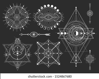 Vector set of Sacred geometric symbols and figures on black background. Abstract mystic signs collection. White linear shapes. For you design: tattoo, posters, t-shirts, textiles.