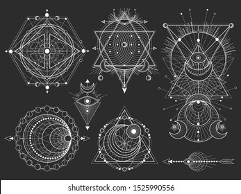 Vector set of Sacred geometric symbols and figures on black background. Abstract mystic signs collection. White linear shapes. For you design: tattoo, posters, t-shirts, textilesor magic craft.