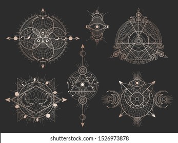 Vector set of Sacred geometric symbols and figures on black background. Abstract mystic signs collection. Gold linear shapes. For you design or magic craft.