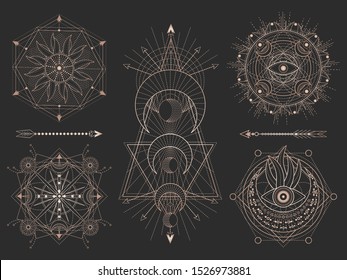 Vector set of Sacred geometric symbols and figures on black background. Abstract mystic signs collection. Gold linear shapes. For you design or magic craft.