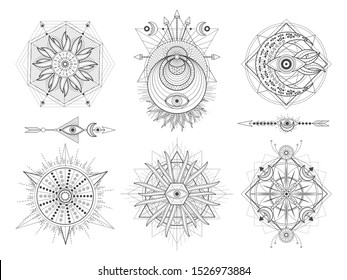 Vector set of Sacred geometric symbols and figures on white background. Abstract mystic signs collection. Black linear shapes. For you design: tattoo, posters, t-shirts, textiles.