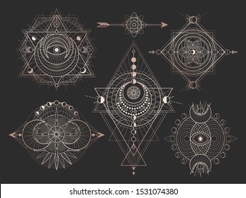 Vector set of Sacred geometric symbols and figures on black background. Abstract mystic signs collection. Gold linear shapes. For you design or magic craft.