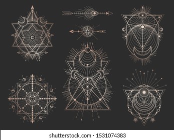 Vector set of Sacred geometric symbols and figures on black background. Abstract mystic signs collection. Gold linear shapes. For you design or magic craft.