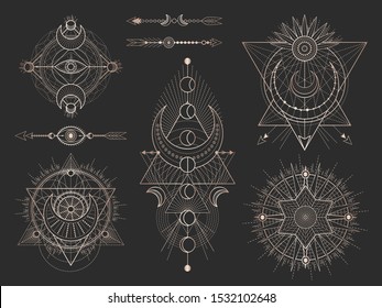 Conjunto vectorial de símbolos geométricos sagrados y figuras sobre fondo negro. Colección abstracta de signos místicos. Formas lineales de oro. Para tu diseño o arte mágico.