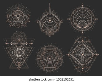 Vector set of Sacred geometric symbols and figures on black background. Abstract mystic signs collection. Gold linear shapes. For you design or magic craft.