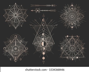 Vector set of Sacred geometric symbols and figures on black background. Abstract mystic signs collection. Gold linear shapes. For you design or magic craft.