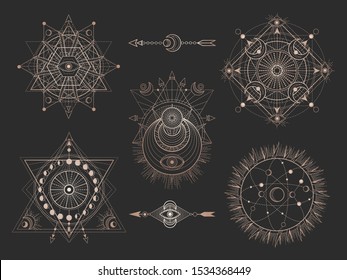 Vector set of Sacred geometric symbols and figures on black background. Abstract mystic signs collection. Gold linear shapes. For you design or magic craft.